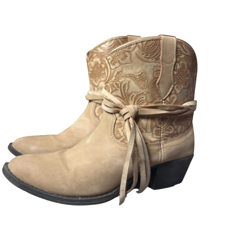 dingo Tan Floral Embossed Western Ankle Booties - Picture 2 of 14